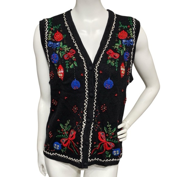 ERIKA Black Embroidered Sequins Ugly Christmas Holiday Vest Sweater Size Large - Picture 8 of 16